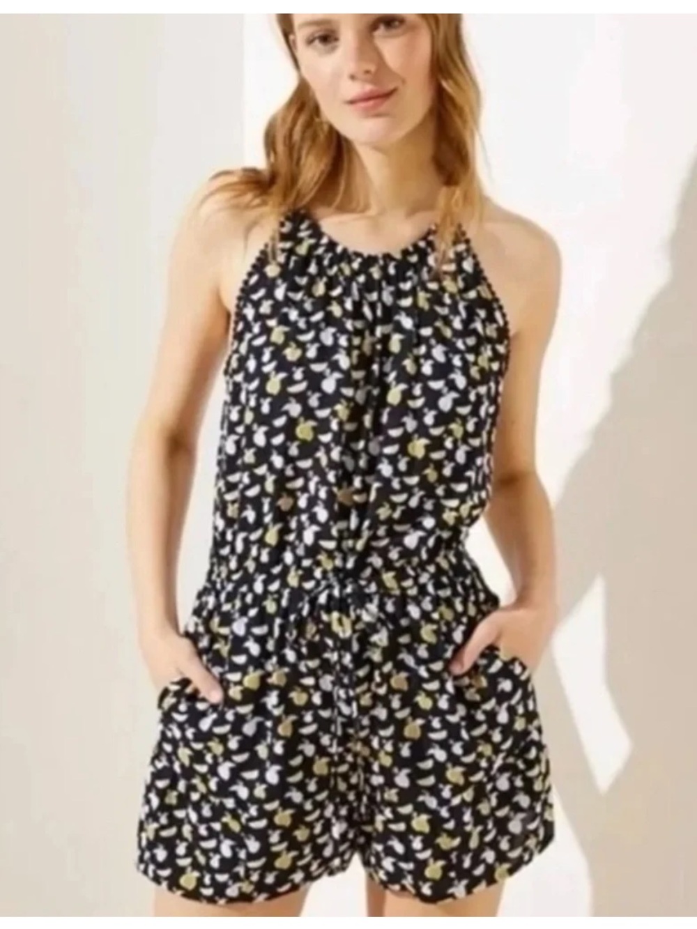 Loft Lemon Print Romper Navy Yellow Fruit Print Medium